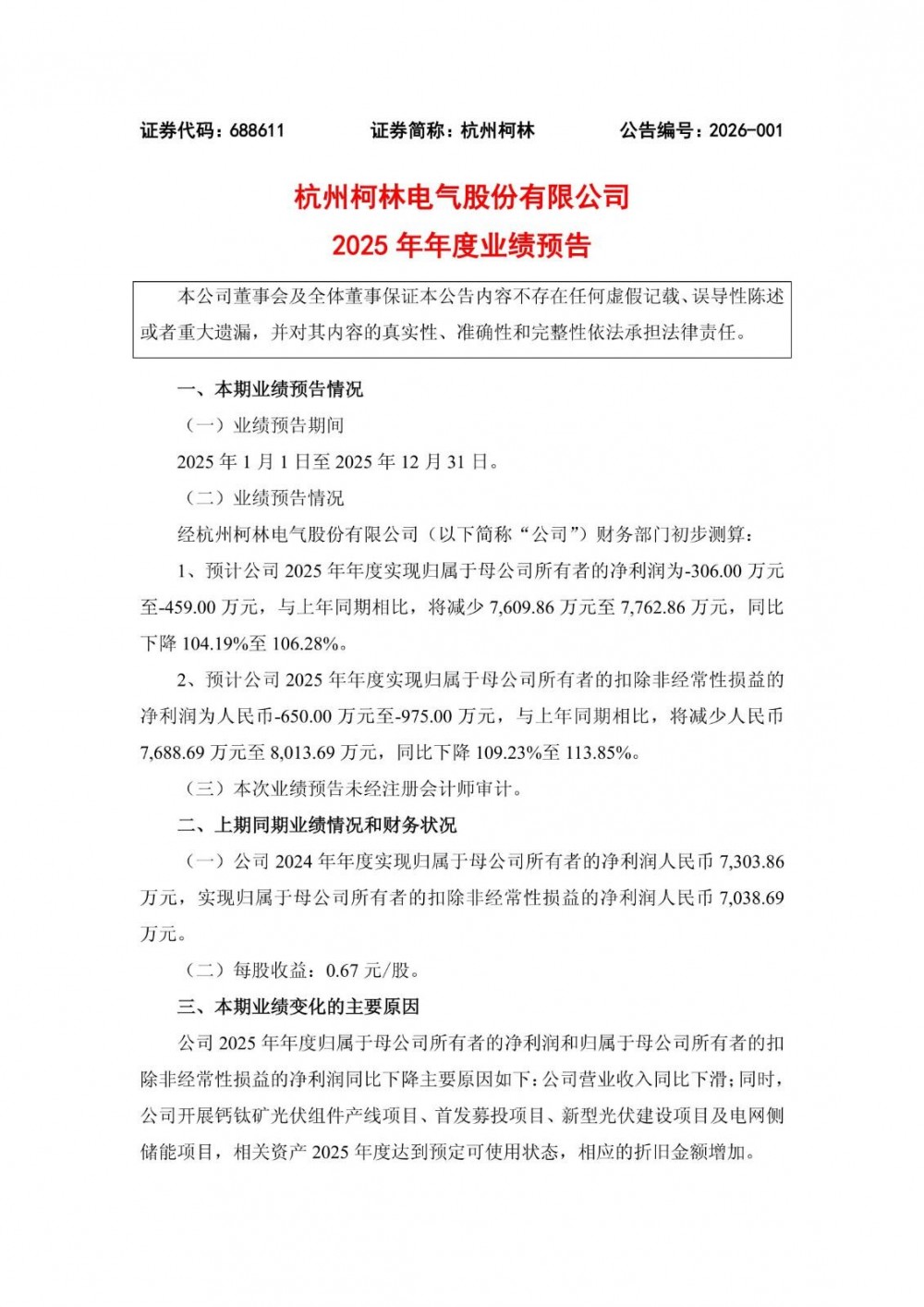 杭州柯林2025年全年净亏损306.00万元—459.00万元