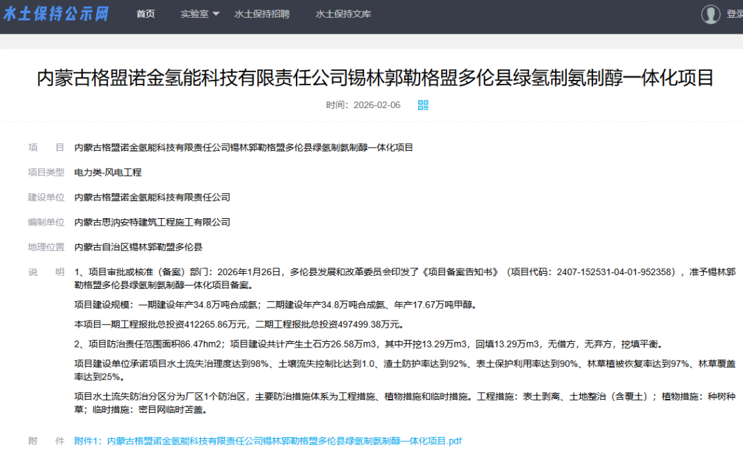 总投资109亿元！内蒙古一氢氨醇项目公示