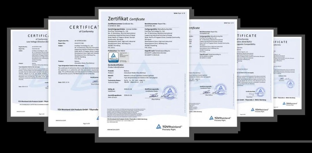 ENERFLOW-200全钒液流储能系统成功通过TÜV莱茵权威认证