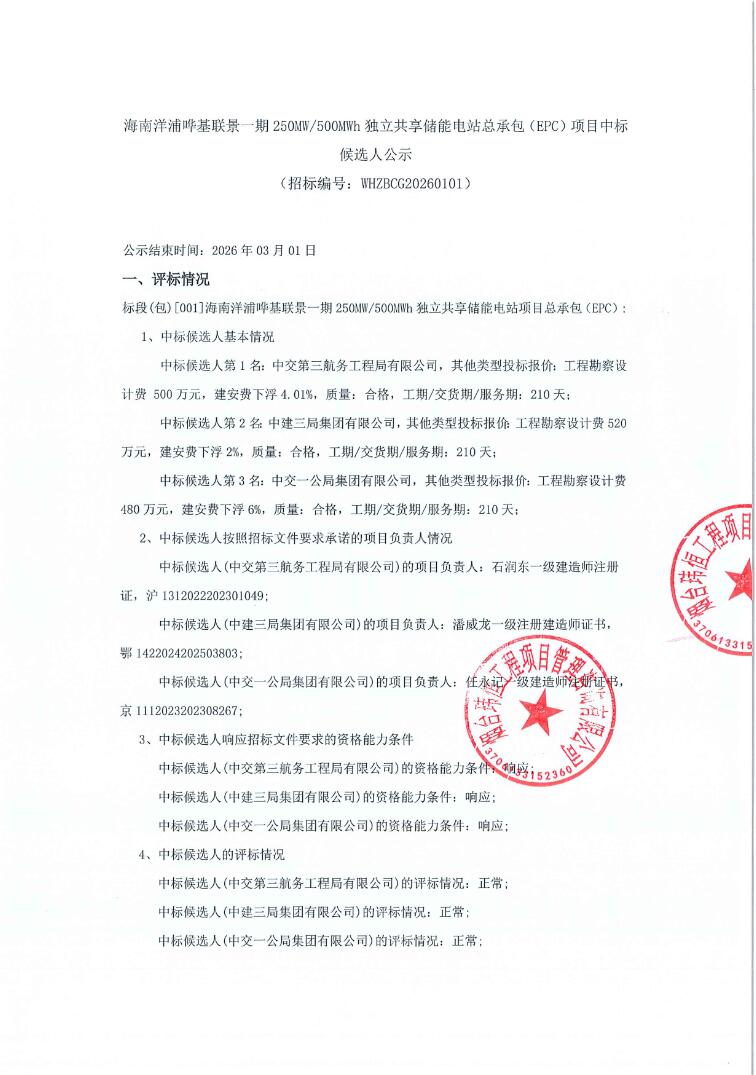 中标 | 海南250MW/500MWh储能电站EPC中标候选人公示