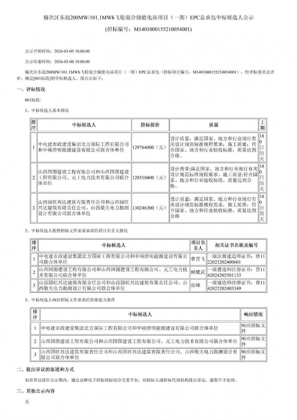 中标 | 山西200MW独立储能项目EPC中标候选人公示
