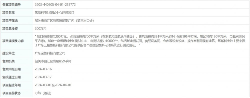 总投资200万元！广东氢燃料电池测试中心建设项目获备案