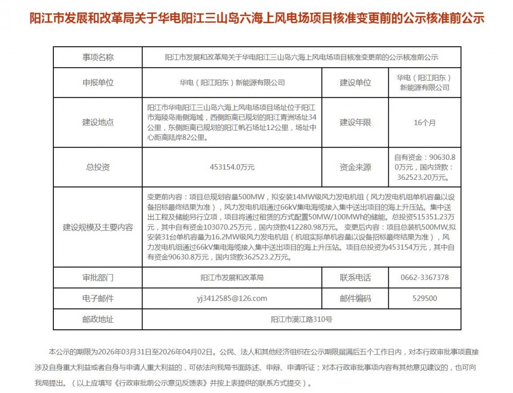 单机容量16.2MW！华电500MW海上风电项目核准变更