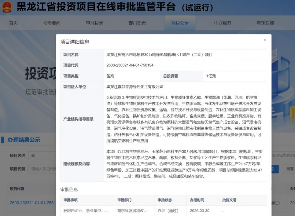 总投资1亿元！30万吨绿氢醇航油项目获备案