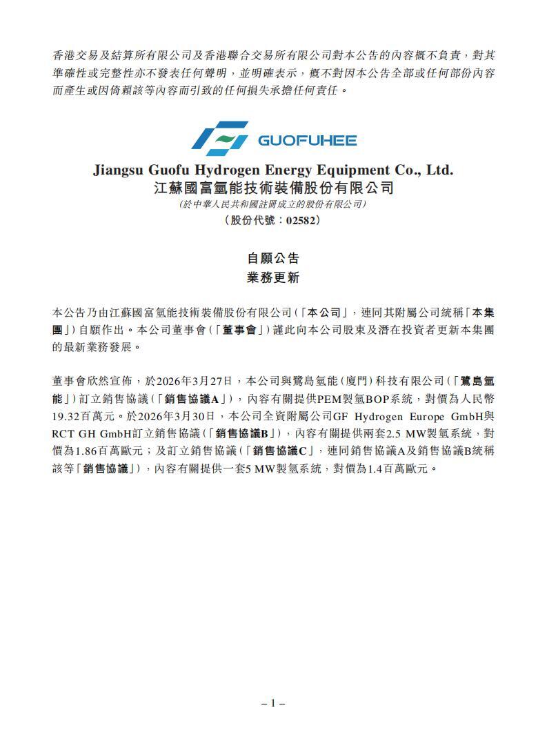 国富氢能订立三份销售协议 含制氢系统、PEM BOP系统