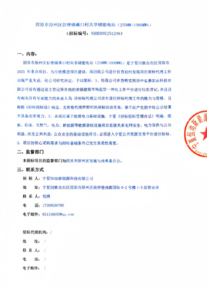 招标代理出现严重失误！宁夏350MW/1.4GWh储能项目废标