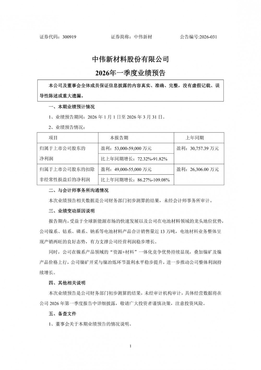 中伟新材2026年一季度净利预增72.32%—91.82%