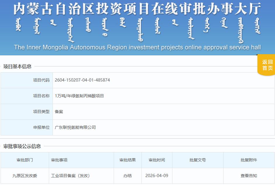 总投资14亿元！内蒙古1万吨/年绿氢制丙烯酸项目获备案