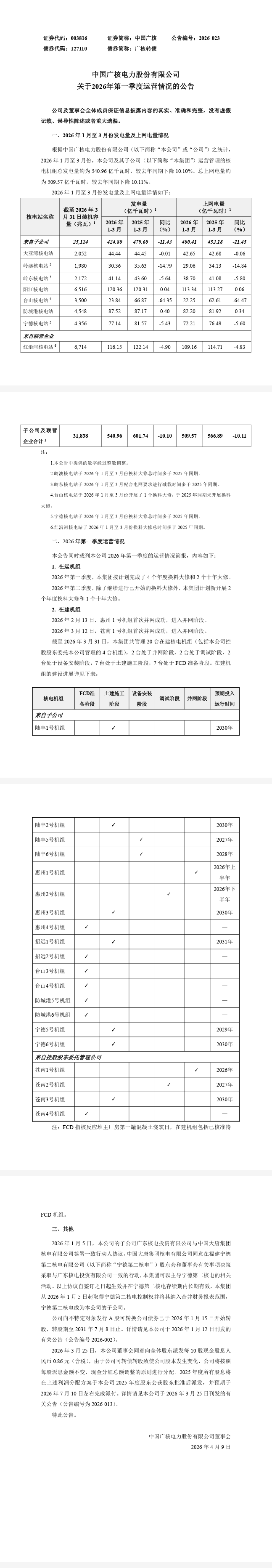 中国广核：一季度核电机组总发电量约为540.96亿千瓦时