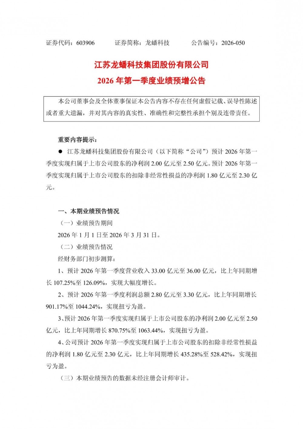 龙蟠科技2026年一季度预盈2亿至2.50亿元，同比扭亏