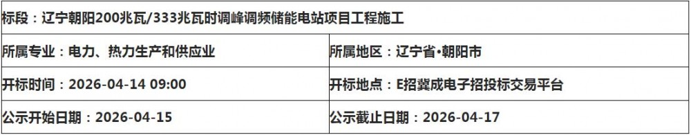 中标 | 辽宁朝阳200兆瓦/333兆瓦时调峰调频储能电站项目中标候选人公示