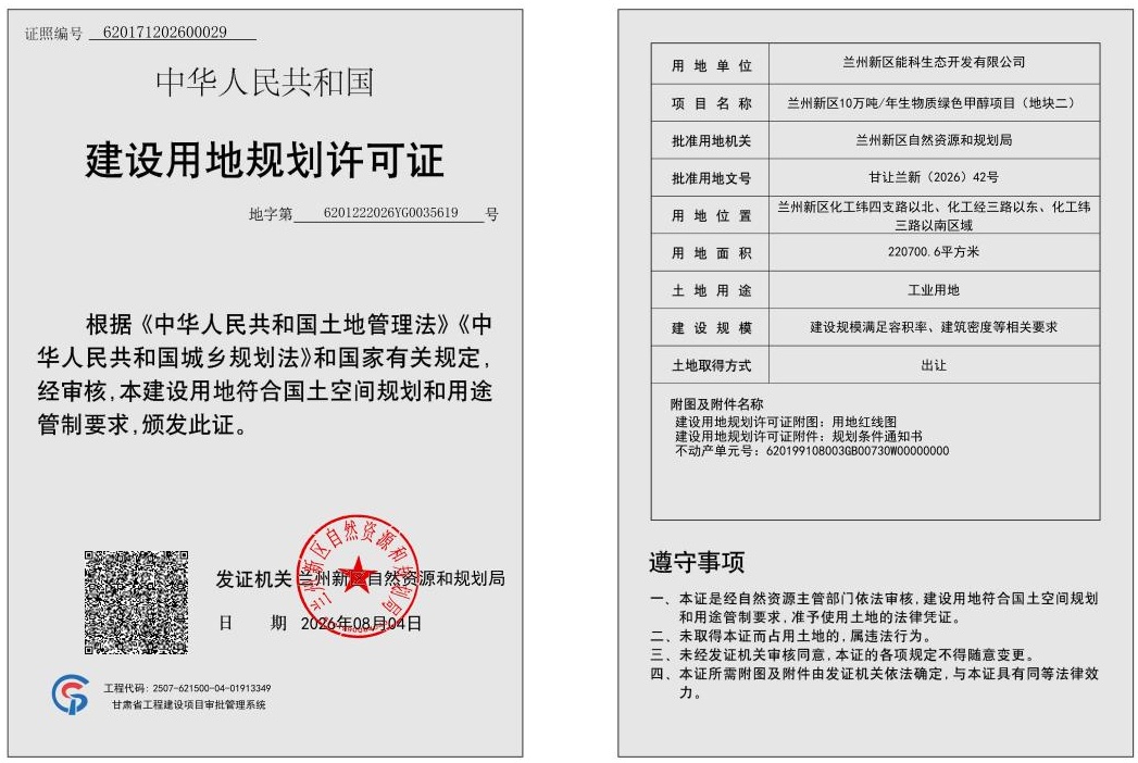 兰州新区能科生态开发有限公司兰州新区10万吨/年生物质绿色甲醇项目（地块二）《建设用地规划许可证》的批后公布