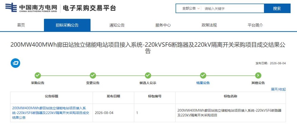 中标 | ​200MW400MWh廊田站独立储能电站项目接入系统-220kVSF6断路器及220kV隔离开关采购项目成交结果公告